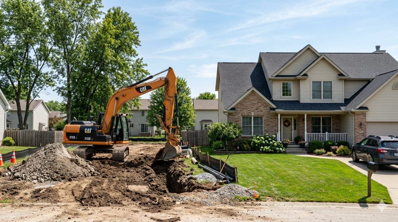Excavator working on a residential site